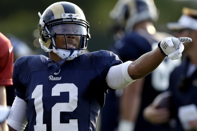 St. Louis Rams wide receiver Stedman Bailey points during training camp at the NFL football team's practice facility Thursday, July 31, 2014, in St. Louis. (AP Photo/Jeff Roberson)
