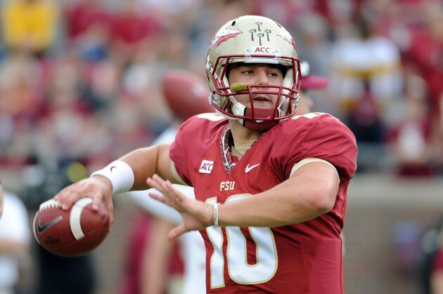 Nov 16, 2013; Tallahassee, FL, USA; Florida State Seminoles quarterback Sean Maguire (10) warms up before the start of the game against the Syracuse Orange at Doak Campbell Stadium. Mandatory Credit: Melina Vastola-USA TODAY Sports