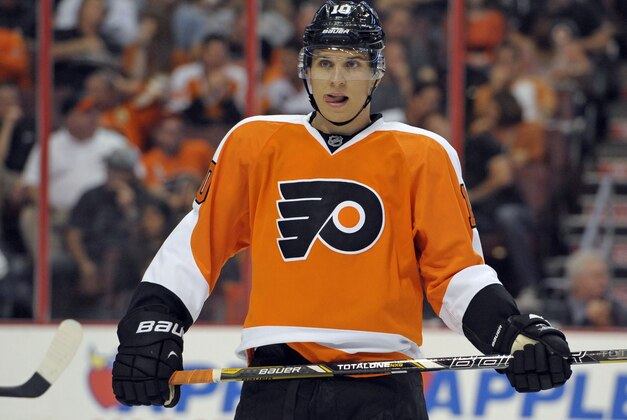 Oct 2, 2013; Philadelphia, PA, USA; Philadelphia Flyers center Brayden Schenn (10) during the first period against the Toronto Maple Leafs at the Wells Fargo Center. Mandatory Credit: Eric Hartline-USA TODAY Sports