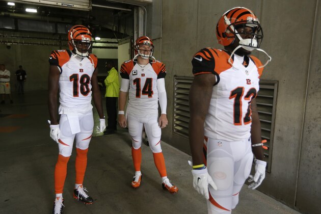 Cincinnati Bengals quarterback Andy Dalton (14), A.J. Green (18) and wide receiver Mohamed Sanu (12) wait to go onto the field at the start of an NFL football game against the Atlanta Falcons, Sunday, Sept. 14, 2014, in Cincinnati. (AP Photo/Al Behrman)