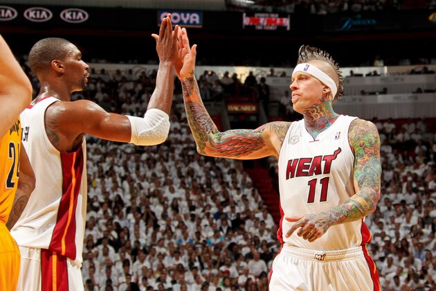 MIAMI, FL - MAY 22: Chris Andersen #11 and Chris Bosh #1 of the Miami Heat celebrate while playing against the Indiana Pacers in Game One of the Eastern Conference Finals during the 2013 NBA Playoffs on May 22, 2013 at American Airlines Arena in Miami, Florida. NOTE TO USER: User expressly acknowledges and agrees that, by downloading and/or using this photograph, user is consenting to the terms and conditions of the Getty Images License Agreement. Mandatory copyright notice: Copyright NBAE 2013 (Photo by Issac Baldizon/NBAE via Getty Images)