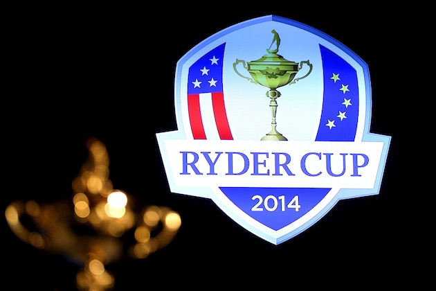 VIRGINIA WATER, ENGLAND - SEPTEMBER 02:  A general view of the trophy and Ryder Cup emblem as European Ryder Cup captain Paul McGinley of Ireland announces Stephen Gallacher of Scotland, Ian Poulter of England and Lee Westwood of England as his three captain's picks at Wentworth on September 2, 2014 in Virginia Water, England.  (Photo by Andrew Redington/Getty Images)