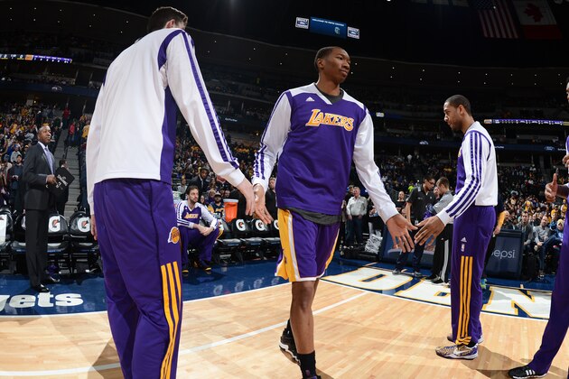 DENVER, CO - MARCH 7: Wesley Johnson #11 of the Los Angeles Lakers is introduced before a game against the Denver Nuggets on March 7, 2014 at the Pepsi Center in Denver, Colorado. NOTE TO USER: User expressly acknowledges and agrees that, by downloading and/or using this Photograph, user is consenting to the terms and conditions of the Getty Images License Agreement. Mandatory Copyright Notice: Copyright 2014 NBAE (Photo by Garrett W. Ellwood/NBAE via Getty Images)