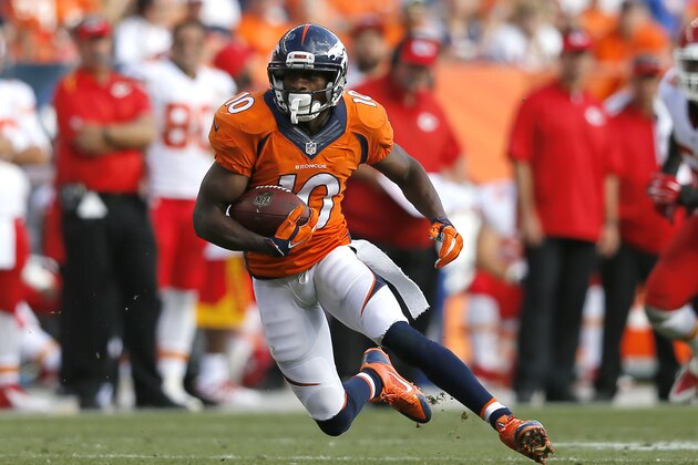 Denver Broncos wide receiver Emmanuel Sanders (10) runs against the Kansas City Chiefs during the second half of an NFL football game, Sunday, Sept. 14, 2014, in Denver. (AP Photo/Jack Dempsey)