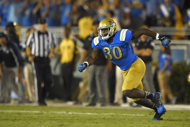 UCLA linebacker Myles Jack runs during the second half of an NCAA college football game against Memphis, Saturday, Sept. 6, 2014, in Pasadena, Calif. UCLA won 42-35. (AP Photo/Mark J. Terrill)
