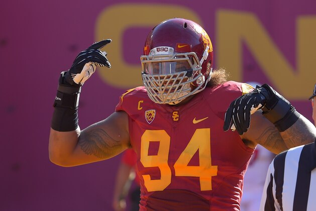 Southern California defensive end Leonard Williams gestures prior to a NCAA college football game against Fresno State, Saturday, Aug. 30, 2014, in Los Angeles. (AP Photo/Mark J. Terrill)