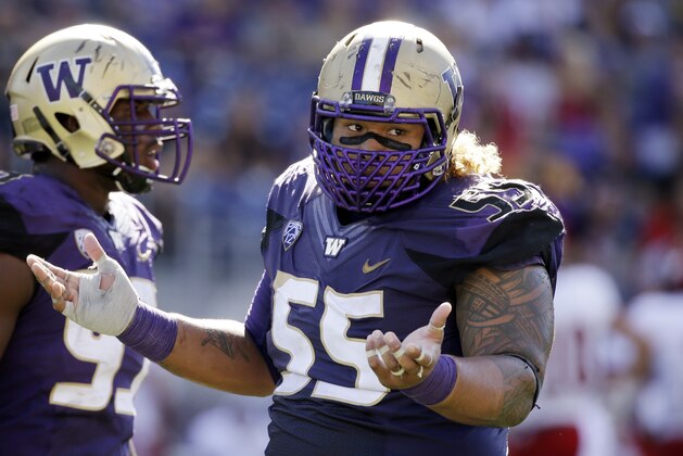 Washington Huskies defensive lineman Danny Shelton in action against Eastern Washington in an NCAA football game Saturday, Sept. 6, 2014, in Seattle. Washington won 59-52. (AP Photo/Elaine Thompson)