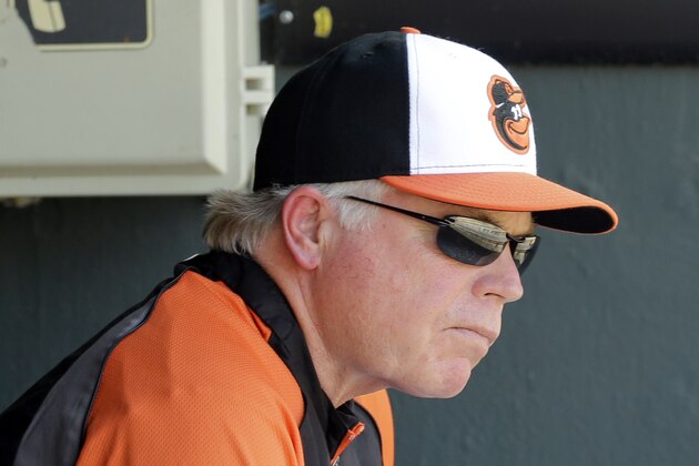 Baltimore Orioles manager Buck Showalter watches from the dugout in the seventh inning in the first baseball game of a doubleheader against the New York Yankees, Friday, Sept. 12, 2014, in Baltimore. (AP Photo/Patrick Semansky)