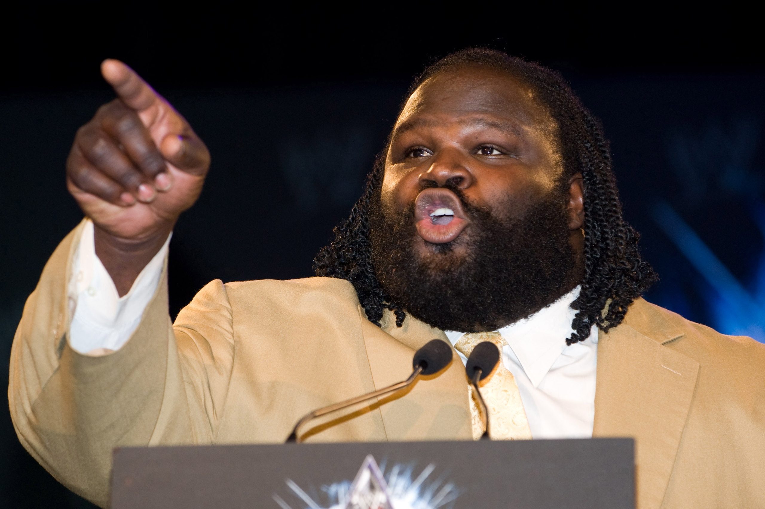 Wrestler Mark Henry attends the 25th Anniversary of WrestleMania press conference at the Hard Rock Cafe, Tuesday, March 31, 2009, in New York. (AP Photo/Charles Sykes)
