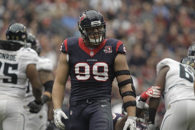Houston Texans' J.J. Watt after a play during the first quarter of an NFL football game against the Jacksonville Jaguars, Sunday, Nov. 18, 2012, in Houston. (AP Photo/Patric Schneider)