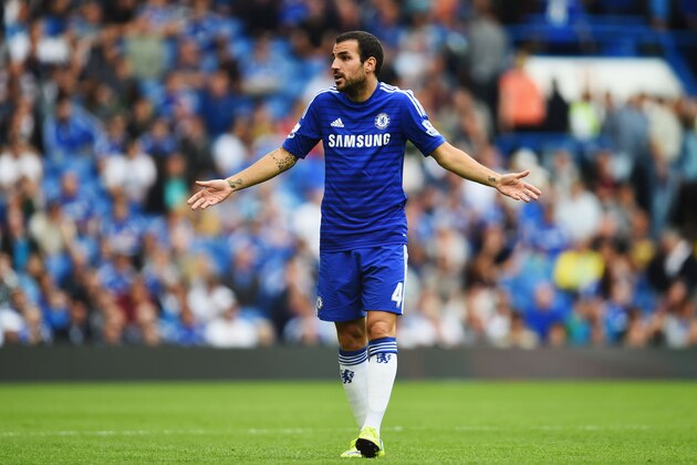 LONDON, ENGLAND - AUGUST 23:  Cesc Fabregas of Chelsea reacts during the Barclays Premier League match between Chelsea and Leicester City at Stamford Bridge on August 23, 2014 in London, England.  (Photo by Jamie McDonald/Getty Images)