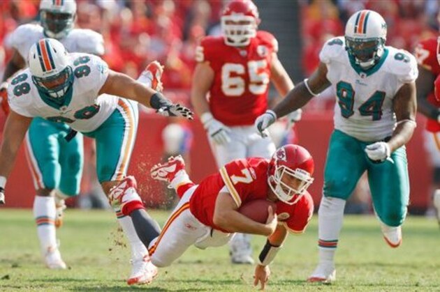 Kansas City Chiefs quarterback Matt Cassel (7) runs during an NFL football game against the Miami Dolphins Sunday, Nov. 6, 2011, in Kansas City, Mo.  (AP Photo/Ed Zurga)