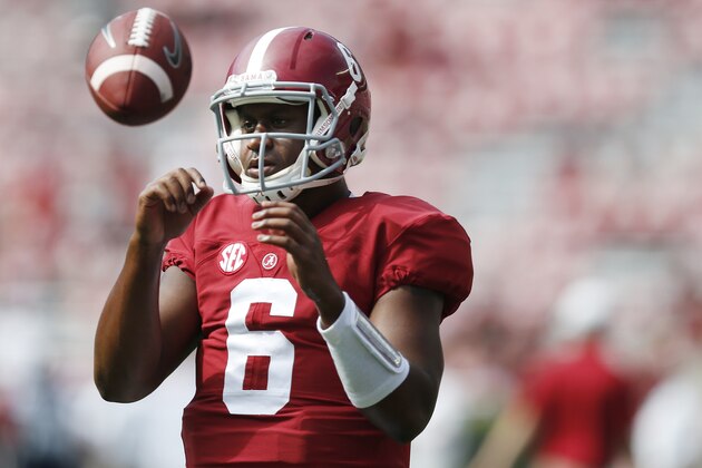Alabama quarterback Blake Sims (6) catches the ball during warmups before the first half of an NCAA college football game against Florida Atlantic Saturday, Sept. 6, 2014, in Tuscaloosa, Ala. (AP Photo/Brynn Anderson)