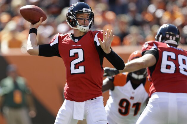Atlanta Falcons quarterback Matt Ryan (2) passes against the Cincinnati Bengals in an NFL football game, Sunday, Sept. 14, 2014, in Cincinnati. (AP Photo/Michael Conroy)