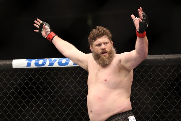 Roy Nelson celebrates his win over Cheick Kongo after their UFC 159 Mixed Martial Arts heavyweight bout in Newark, NJ, Saturday, April 27,2013.  Nelson won via first round KO. (AP Photo/Gregory Payan)