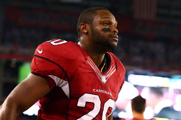 Sep 8, 2014; Glendale, AZ, USA; Arizona Cardinals running back Jonathan Dwyer (20) against the San Diego Chargers at University of Phoenix Stadium. Mandatory Credit: Mark J. Rebilas-USA TODAY Sports