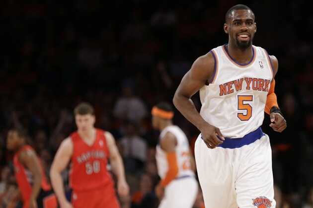 New York Knicks' Tim Hardaway Jr. (5) smiles during the second half of an NBA basketball game against the Toronto Raptors Wednesday, April 16, 2014, in New York. The Knicks won the game 95-92. (AP Photo/Frank Franklin II)