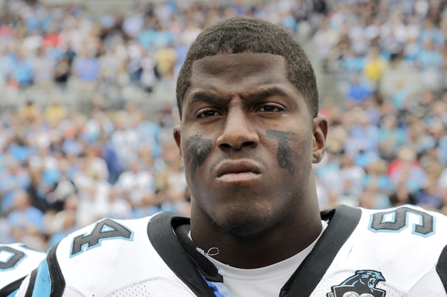 Carolina Panthers' Kony Ealy (94) before an NFL football game against the Detroit Lions in Charlotte, N.C., Sunday Sept. 14, 2014. The Panthers won 24-7. (AP Photo/Bob Leverone)