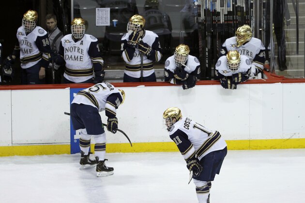 Notre Dame left wing Jeff Costello (11) and teammates react after losing 4-3 to St. Cloud State during overtime in an NCAA West Regional men's college hockey game in St. Paul, Minn., Saturday, March 29, 2014. (AP Photo/Ann Heisenfelt)