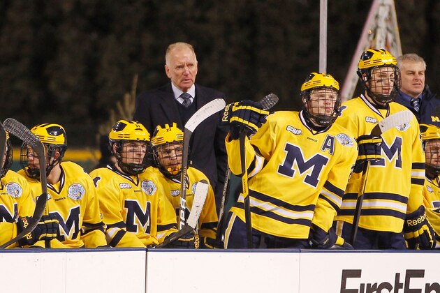 CLEVELAND, OH - JANUARY 15: Head coach Red Berenson of the Michigan Wolverines looks on from the bench while playing the Ohio State Buckeys during the Frozen Diamond Faceoff at Progressive Field on January 15, 2012 in Cleveland, Ohio. (Photo by Gregory Shamus/Getty Images)