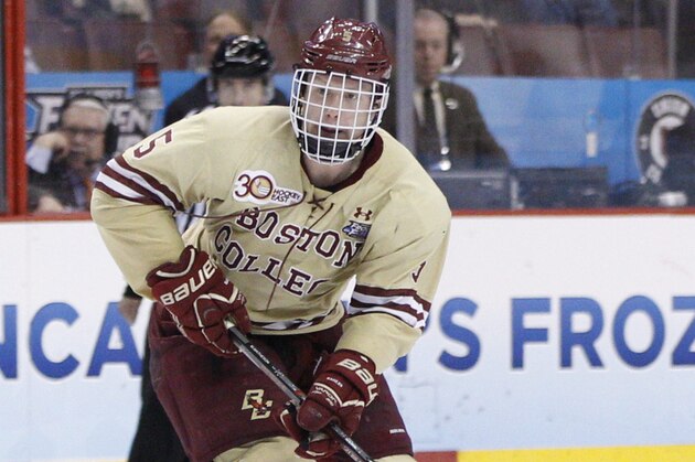 Boston College's Michael Matheson in action during the third period of an NCAA men's college hockey Frozen Four tournament game against Union, Thursday, April 10, 2014, in Philadelphia. Union College won 5-4. (AP Photo/Chris Szagola)