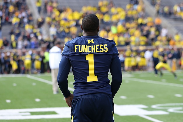 ANN ARBOR, MI - SEPTEMBER 13: Devin Funchess #1 of the Michigan Wolverines watches the pregame warmups prior to the start of the game against the Miami University Redhawks at Michigan Stadium on September 13, 2014 in Ann Arbor, Michigan.  (Photo by Leon Halip/Getty Images)