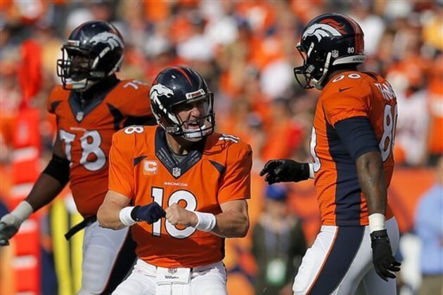 CORRECTS TO JULIUS THOMAS NOT DEMARYIUS THOMAS - Denver Broncos quarterback Peyton Manning (18) yells at teammate Julius Thomas during the second half of an NFL football game against the Kansas City Chiefs, Sunday, Sept. 14, 2014, in Denver. (AP Photo/Jack Dempsey)