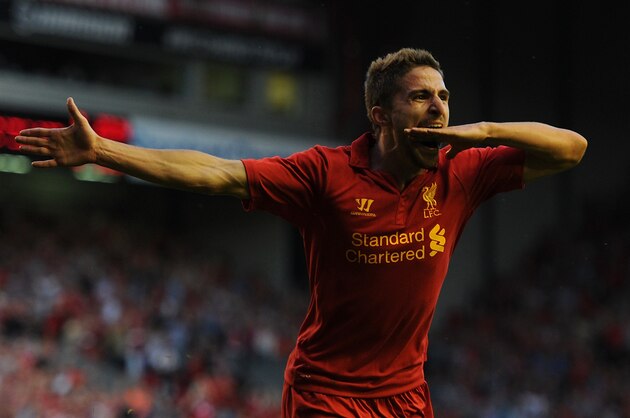 LIVERPOOL, ENGLAND - AUGUST 09:  Fabio Borini of Liverpool celebrates scoring the opening goal during the UEFA Europa League Third Round Qualifier between Liverpool and Gomel at Anfield on August 9, 2012 in Liverpool, England.  (Photo by Chris Brunskill/Getty Images)
