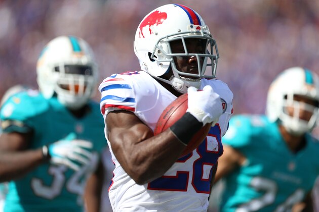 ORCHARD PARK, NY - SEPTEMBER 14:   C.J. Spiller #28 of the Buffalo Bills runs for a touchdown against the Miami Dolphins during the second half at Ralph Wilson Stadium on September 14, 2014 in Orchard Park, New York.  (Photo by Vaughn Ridley/Getty Images)