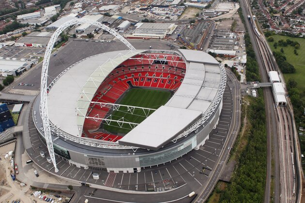 LONDON, ENGLAND - JULY 26:  Aerial view of Wembley Stadium which will host football events during the London 2012 Olympic Games on July 26, 2011 in London, England.  (Photo by Tom Shaw/Getty Images)