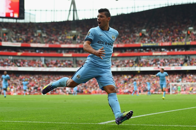 LONDON, ENGLAND - SEPTEMBER 13:  Sergio Aguero of Manchester City celebrates scoring the opening goal during the Barclays Premier League match between Arsenal and Manchester City at Emirates Stadium on September 13, 2014 in London, England.  (Photo by Shaun Botterill/Getty Images)