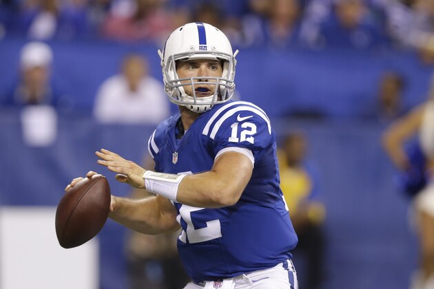 Indianapolis Colts quarterback Andrew Luck (12) throws during the first half of an NFL football game against the Philadelphia Eagles Monday, Sept. 15, 2014, in Indianapolis. (AP Photo/Michael Conroy)