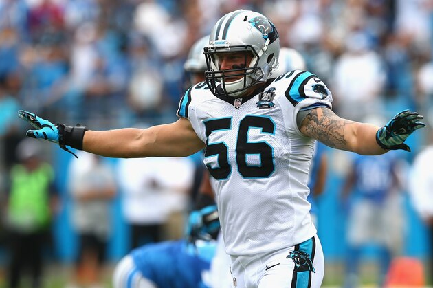 CHARLOTTE, NC - SEPTEMBER 14:  A.J. Klein #56 of the Carolina Panthers during the game at Bank of America Stadium on September 14, 2014 in Charlotte, North Carolina.  (Photo by Streeter Lecka/Getty Images)