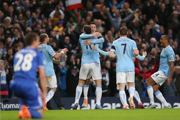 MANCHESTER, ENGLAND - FEBRUARY 15: Steven Jovetic of Manchester City celebrates after scoring the first goal past Petr Cech of Chelsea during the FA Cup Fifth Round match sponsored by Budweiser between Manchester City and Chelsea at Etihad Stadium on February 15, 2014 in Manchester, England. (Photo by Clive Brunskill/Getty Images) MANCHESTER, ENGLAND - FEBRUARY 15: Steven Jovetic of Manchester City celebrates after scoring the first goal past Petr Cech of Chelsea during the FA Cup Fifth Round match sponsored by Budweiser between Manchester City and Chelsea at Etihad Stadium on February 15, 2014 in Manchester, England. (Photo by Clive Brunskill/Getty Images)