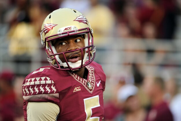 Sep 6, 2014; Tallahassee, FL, USA; Florida State Seminoles quarterback Jameis Winston (5) warms up before the game against the Citadel Bulldogs at Doak Campbell Stadium. Mandatory Credit: Melina Vastola-USA TODAY Sports