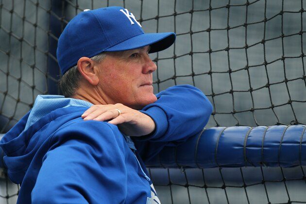 Kansas City Royals manager Ned Yost watches his team take batting practice prior to a baseball game against the Chicago White Sox Monday, Sept. 15, 2014, in Kansas City, Mo. (AP Photo/Ed Zurga)