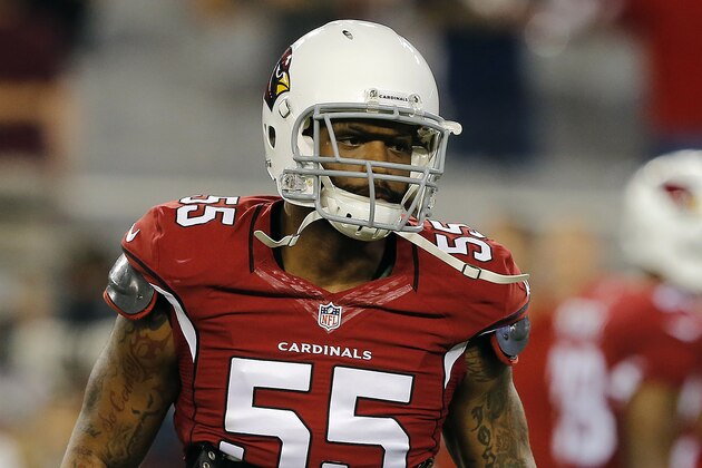 FILE- In this Monday, Sept. 8, 2014, file photo, Arizona Cardinals outside linebacker John Abraham (55) looks on during the second half of an NFL football game against the San Diego Chargers, in Glendale, Ariz. Arizona coach Bruce Arians said Monday, Sept. 15, 2014, outside linebacker John Abraham will return to the Cardinals on Tuesday. (AP Photo/Rick Scuteri, File)