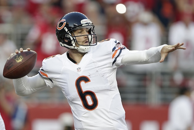 Chicago Bears quarterback Jay Cutler (6) passes against the San Francisco 49ers during an NFL football game in Santa Clara, Calif., Sunday, Sept. 14, 2014. (AP Photo/Marcio Jose Sanchez)