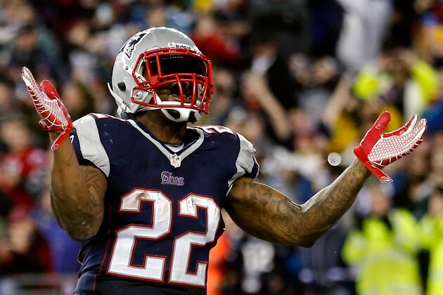 FOXBORO, MA - JANUARY 11:  Stevan Ridley #22 of the New England Patriots celebrates after scoring a touchdown in the fourth quarter against the Indianapolis Colts during the AFC Divisional Playoff game at Gillette Stadium on January 11, 2014 in Foxboro, Massachusetts.  (Photo by Jim Rogash/Getty Images)