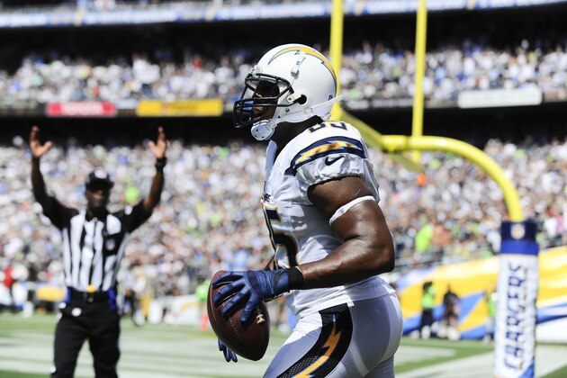 San Diego Chargers tight end Antonio Gates (85) reacts after scoring during the second half of an NFL football game against the Seattle Seahawks on Sunday, Sept. 14, 2014, in San Diego. (AP Photo/Denis Poroy)