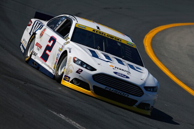 LOUDON, NH - SEPTEMBER 19:  Brad Keselowski, driver of the #2 Miller Lite Ford, practices for the NASCAR Sprint Cup Series Sylvania 300 at New Hampshire Motor Speedway on September 19, 2014 in Loudon, New Hampshire.  (Photo by Chris Trotman/Getty Images)