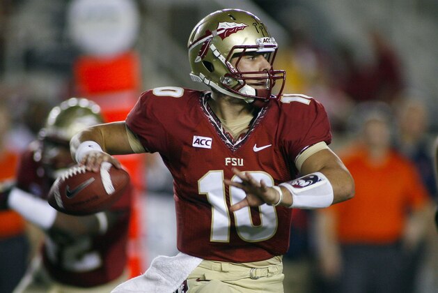 FILE - In this Nov. 16, 2013, file photo, Florida State quarterback Sean Maguire throws a pass during the fourth quarter of an NCAA college football game against Syracuse in Tallahassee, Fla.  Top-ranked Florida State will host No. 22 Clemson without Heisman-winning quarterback Jameis Winston for the first half after he was suspended Wednesday. That thrusts redshirt sophomore Sean Maguire into the first start of his career. Maguire was not a star recruit and has only thrown 21 passes in his career. Now he'll have to hold down the fort for the first 30 minutes of college football's marquee Saturday night game.  (AP Photo/Phil Sears, File)