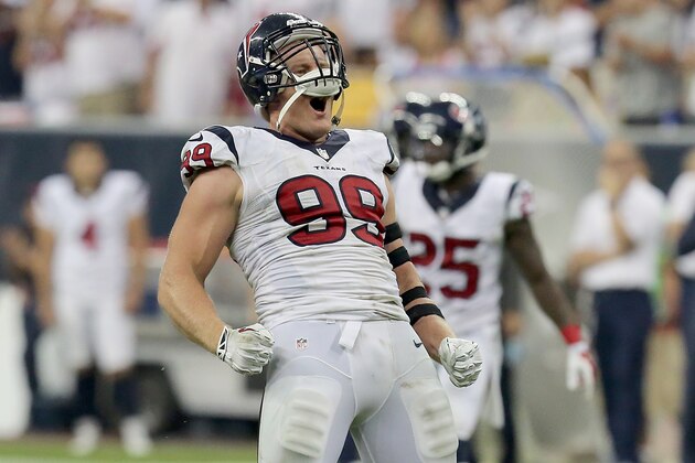 HOUSTON, TX- SEPTEMBER 07: Houston Texans defensive end J.J. Watt #99 celebrates sacking Washington Redskins quarterback Robert Griffin III #10 in the third quater on September 7, 2014 at NRG Stadium in Houston, Texas. (Photo by Thomas B. Shea/Getty Images)