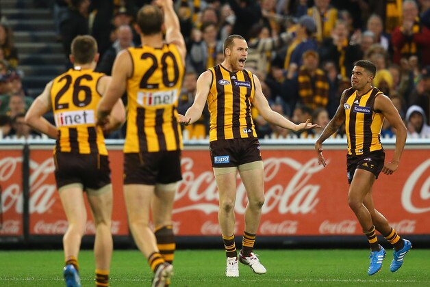 MELBOURNE, AUSTRALIA - SEPTEMBER 20:  Jarryd Roughead of the Hawks is congratulated by team mates after scoring a goal during the AFL 2nd Preliminary Final match between the Hawthorn Hawks and the Port Adelaide Power at Melbourne Cricket Ground on September 20, 2014 in Melbourne, Australia.  (Photo by Quinn Rooney/Getty Images)