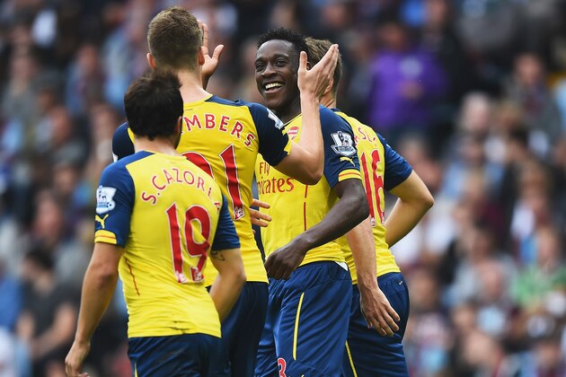 BIRMINGHAM, ENGLAND - SEPTEMBER 20:  Danny Welbeck of Arsenal celebrates his team's second goal during the Barclays Premier League match between Aston Villa and Arsenal at Villa Park on September 20, 2014 in Birmingham, England.  (Photo by Laurence Griffiths/Getty Images)