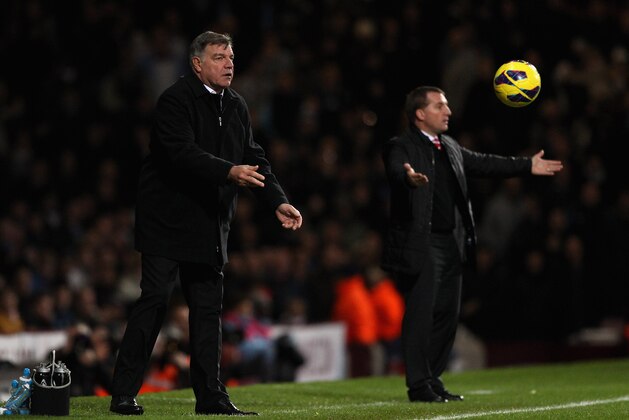 LONDON, ENGLAND - DECEMBER 09:  Sam Allardyce, manager of West Ham United throws the ball as Brendan Rodgers, manager of Liverpool gestures during the Barclays Premier League match between West Ham United and Liverpool at the Boleyn Ground on December 9, 2012 in London, England.  (Photo by Ben Hoskins/Getty Images)