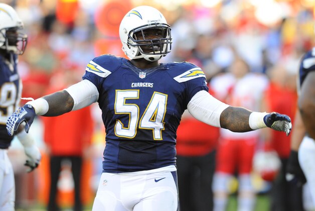 Dec 29, 2013; San Diego, CA, USA; San Diego Chargers linebacker Melvin Ingram (54) after a defensive stop during the second half against the Kansas City Chiefs at Qualcomm Stadium. The Chargers won 27-24 in overtime. Mandatory Credit: Christopher Hanewinckel-USA TODAY Sports