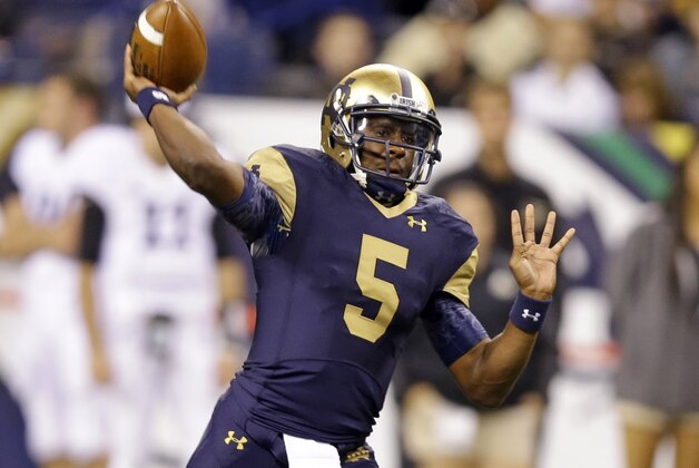 Notre Dame quarterback Everett Golson throws against Purdue during the first half of an NCAA college football game in Indianapolis, Saturday, Sept. 13, 2014. (AP Photo/Michael Conroy)