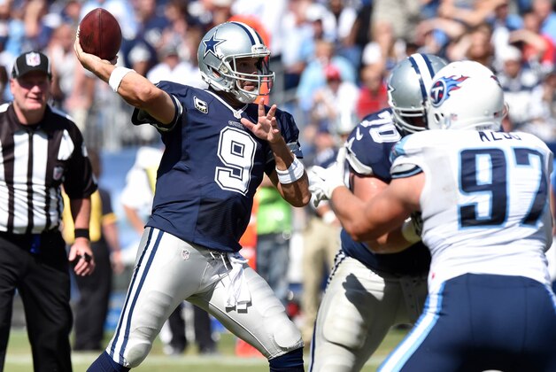 Sep 14, 2014; Nashville, TN, USA; Dallas Cowboys quarterback Tony Romo (9) throws against the Tennessee Titans during the second half at LP Field. The Cowboys beat the Titans 26-10. Mandatory Credit: Don McPeak-USA TODAY Sports