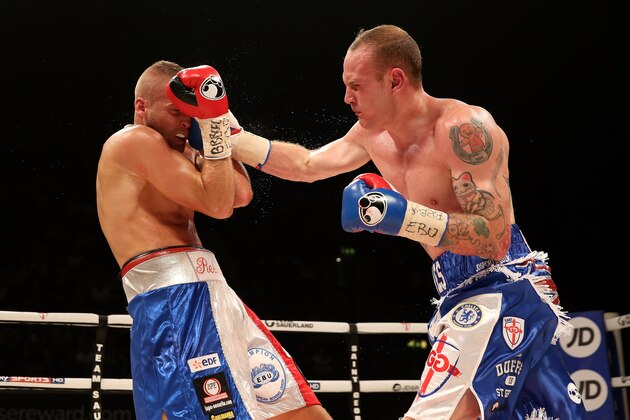LONDON, ENGLAND - SEPTEMBER 20:  Geroge Groves in action with Christopher Rebrasse during their WBC Final Eliminator & European Super Middleweight bout at Wembley Arena on September 20, 2014 in London, England.  (Photo by Scott Heavey/Getty Images)